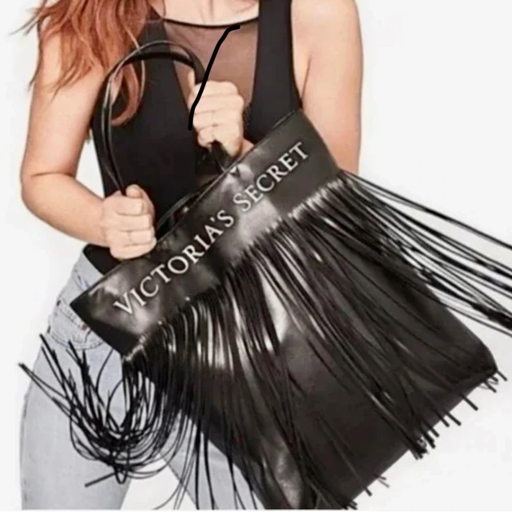Y2K Large Victoria's Secret Boho Gothic Black Tote with Fringe goth - Picture 1 of 3